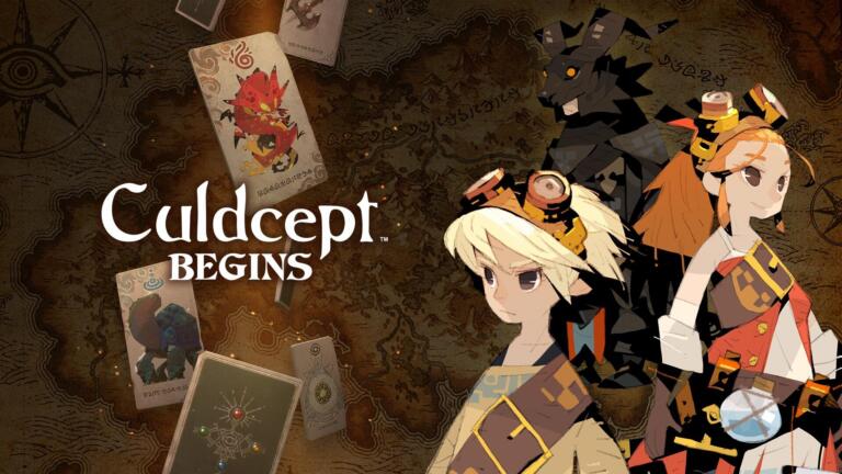 Key art di Culdcept Begins con il logo del gioco, carte sparse su una mappa e tre personaggi sulla destra.
