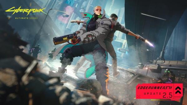 Un personaggio di Cyberpunk 2077 con occhiali rossi e cappotto grigio spara con una pistola tra il fumo, accanto al logo dell'Edgerunners 2 Update 2.5.