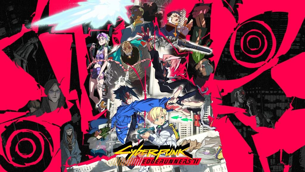 Key art di Cyberpunk: Edgerunners 2 con i personaggi della serie su uno sfondo rosso e nero, sotto il logo della serie.