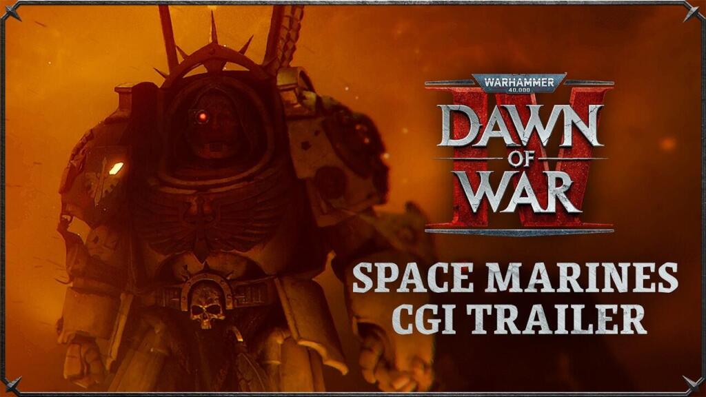 Screenshot ufficiale del trailer CGI di Warhammer 40.000: Dawn of War IV con uno Space Marine in armatura e logo di gioco.