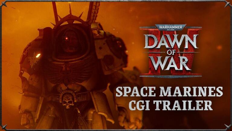Screenshot ufficiale del trailer CGI di Warhammer 40.000: Dawn of War IV con uno Space Marine in armatura e logo di gioco.