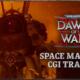 Screenshot ufficiale del trailer CGI di Warhammer 40.000: Dawn of War IV con uno Space Marine in armatura e logo di gioco.