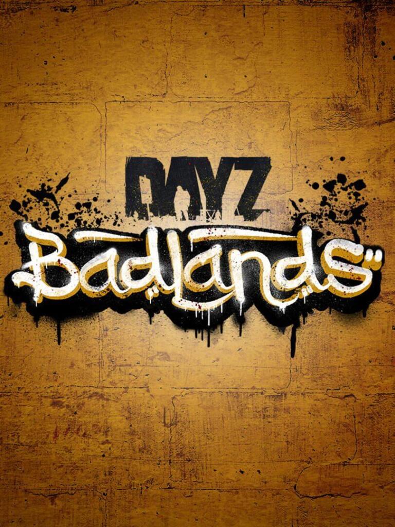 Copertina di DayZ Badlands: logo del gioco in stile graffito bianco e nero su un muro giallo ocra.