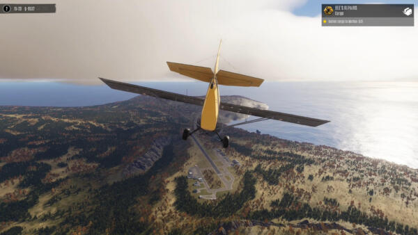 Schermata di Deadstick Bush Pilot Simulator che ritrae un aereo leggero in volo radente sopra una foresta incontaminata