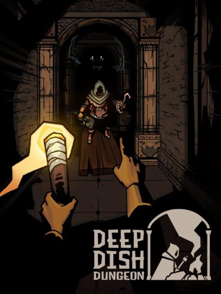 Una figura incappucciata in fondo a un corridoio buio di pietra, con una torcia in primo piano e il logo di Deep Dish Dungeon.