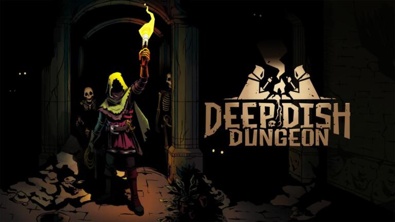 Un personaggio incappucciato regge una torcia in un dungeon buio, accanto al logo di Deep Dish Dungeon.