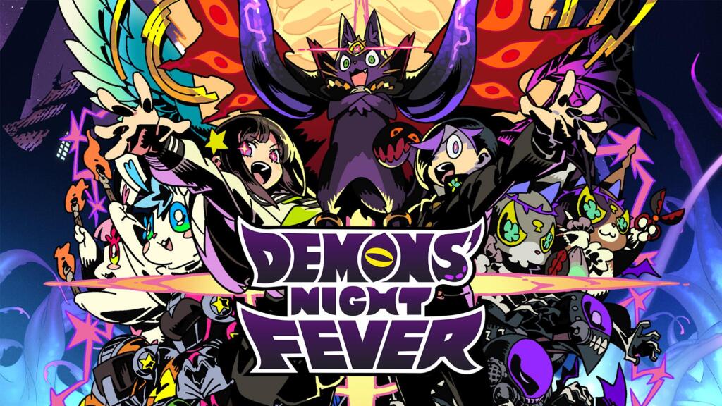 Key art di Demons' Night Fever: un grande demone alato sovrasta personaggi in stile anime e piccole creature, attorno al logo viola del gioco.