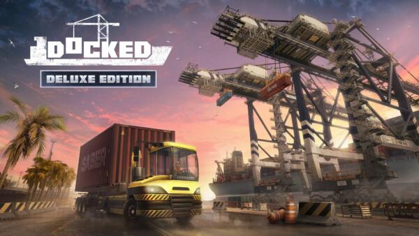 Key art di Docked Deluxe Edition: un trattore giallo con un container rosso davanti a grandi gru portuali e a una nave cargo, al tramonto.