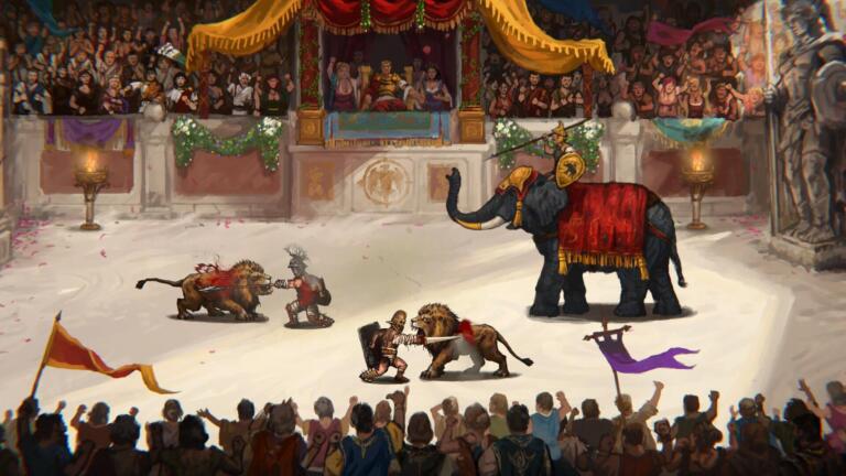 Scena di Dominus Gladiatus in un'arena romana: due gladiatori combattono contro dei leoni, un elefante montato da un cavaliere a destra e il pubblico sugli spalti.