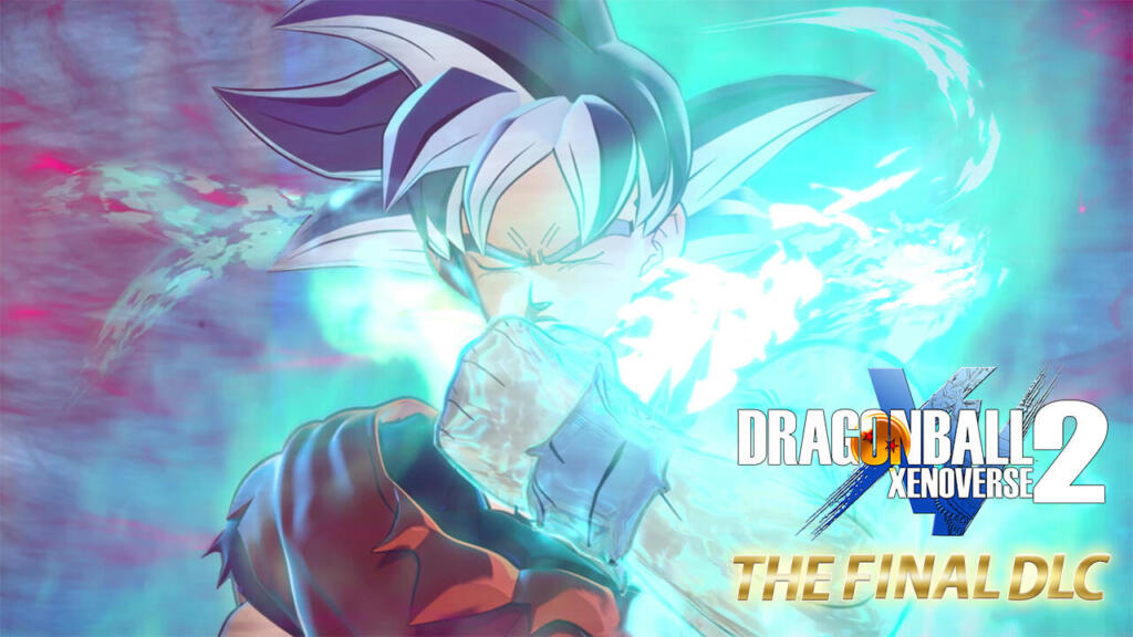 Goku con gli occhi chiusi che carica un'onda di energia azzurra, con il logo di Dragon Ball Xenoverse 2 e la scritta The Final DLC in basso a destra.