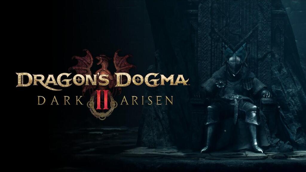 Key art promozionale ufficiale di lancio di Dragon's Dogma 2: Dark Arisen che ritrae l'Arisen sul trono con il logo dell'espansione.