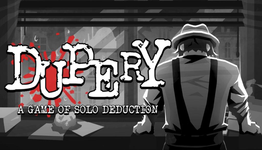 Artwork ufficiale di Dupery: A Game of Solo Deduction con elementi investigativi noir e bacheca degli indizi