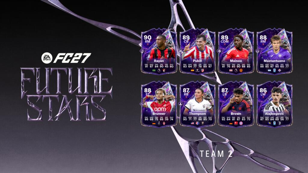 Otto carte giocatore viola del Team 2 di Stelle del Futuro, con il logo di EA SPORTS FC 27 e la scritta Future Stars.