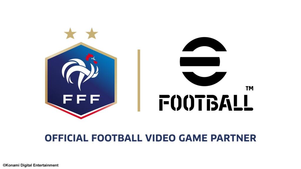 Grafica promozionale ufficiale della partnership tra Konami e la Fédération Française de Football (FFF) per eFootball, raffigurante i loghi della federazione francese e del videogioco eFootball affiancati dalla dicitura Official Football Video Game Partner.