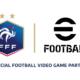 Grafica promozionale ufficiale della partnership tra Konami e la F&eacute;d&eacute;ration Fran&ccedil;aise de Football (FFF) per eFootball, raffigurante i loghi della federazione francese e del videogioco eFootball affiancati dalla dicitura Official Football Video Game Partner.