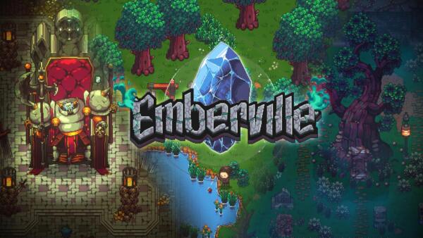 Il logo di Emberville accanto a un grande cristallo blu, su una mappa in pixel art con un trono, alberi e un fiume.
