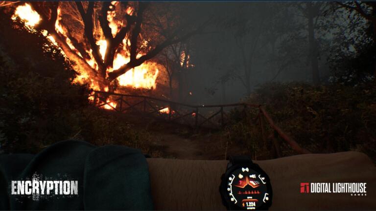 Un bosco in fiamme visto in prima persona, con un orologio da polso in basso, sopra i loghi di Encryption e Digital Lighthouse Games.