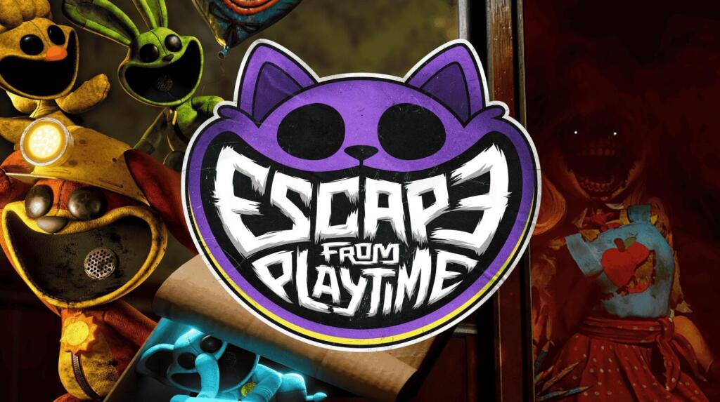 Logo viola di Escape From Playtime al centro, circondato da alcuni Smiling Critters, tra cui un pupazzo giallo con la lampada da minatore sulla fronte.