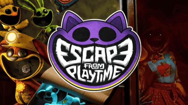 Logo viola di Escape From Playtime al centro, circondato da alcuni Smiling Critters, tra cui un pupazzo giallo con la lampada da minatore sulla fronte.