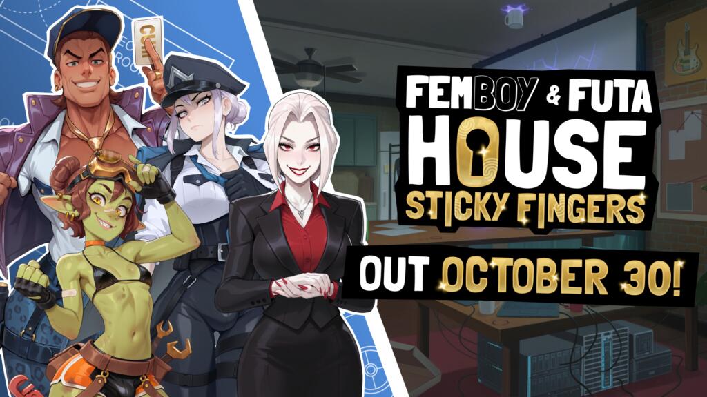 Artwork ufficiale e schermata di gioco per FEMBOY FUTA HOUSE: Sticky Fingers arriva il 30 ottobre su PC