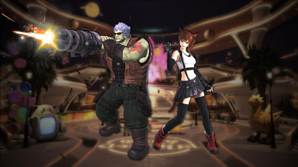 Due personaggi di Final Fantasy XIV con gli abiti di Avalanche, uno spara con una mitragliatrice rotante, nel Gold Saucer con un Chocobo sullo sfondo.