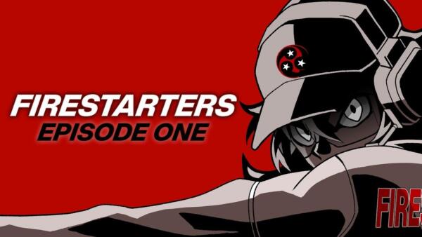 Illustrazione ufficiale di FIRESTARTERS che mostra la protagonista armata durante un combattimento nell'arena sportiva televisiva.