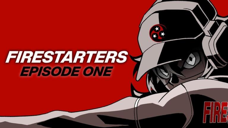 Illustrazione ufficiale di FIRESTARTERS che mostra la protagonista armata durante un combattimento nell'arena sportiva televisiva.