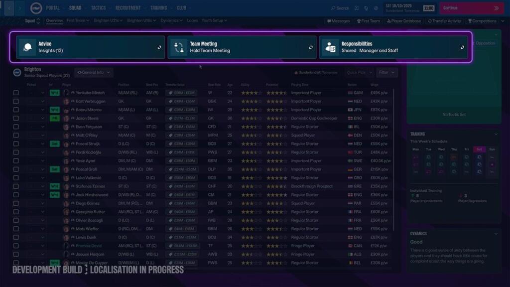 Schermata della sezione Squadra di Football Manager 27 con l'elenco dei giocatori del Brighton e tre riquadri evidenziati in alto: Advice, Team Meeting e Responsibilities.