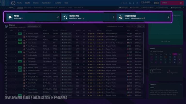 Schermata della sezione Squadra di Football Manager 27 con l'elenco dei giocatori del Brighton e tre riquadri evidenziati in alto: Advice, Team Meeting e Responsibilities.