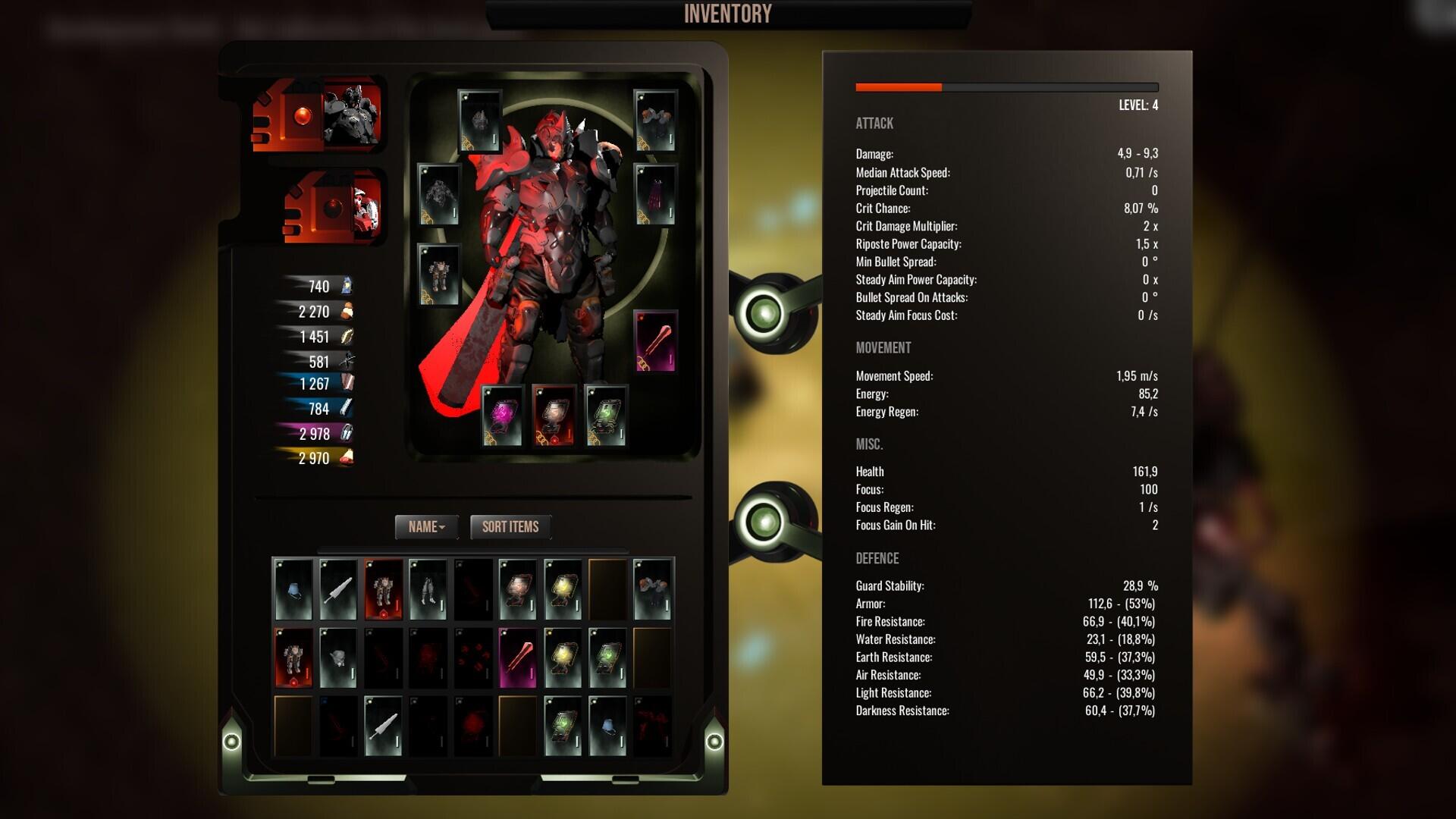 Screenshot in-game della schermata delle statistiche e della tuta mech in Frame of Suffering