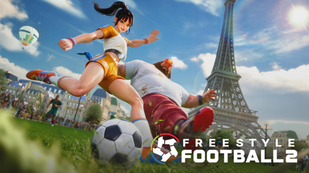 Una calciatrice in scivolata sul pallone davanti alla Torre Eiffel, con il logo di FreeStyle Football 2.