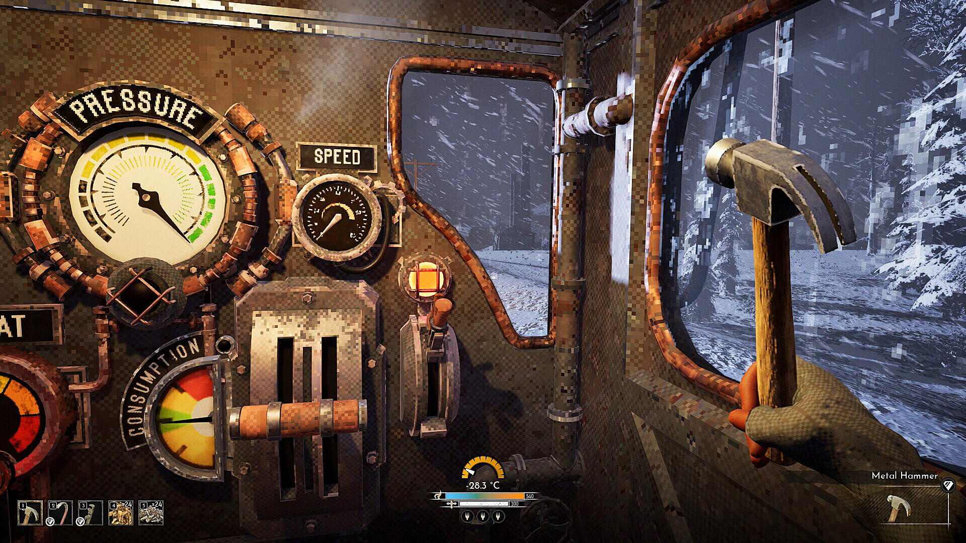 Screenshot in-game di Frostrail durante uno scontro a fuoco in prima persona contro creature corrotte nella neve.