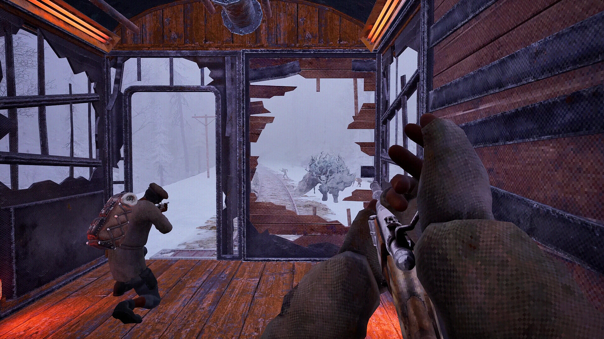 Screenshot in-game di Frostrail con i sopravvissuti impegnati nell'esplorazione a piedi tra le rovine industriali ghiacciate.