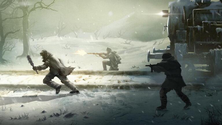 Key art ufficiale di Frostrail con la locomotiva e l'equipaggio armato in assetto da combattimento.