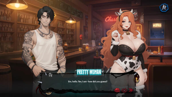Screenshot autentico in-game con sequenza narrativa e interfaccia di dialogo al bancone del bar in FUTA FUCKS FEMBOYS