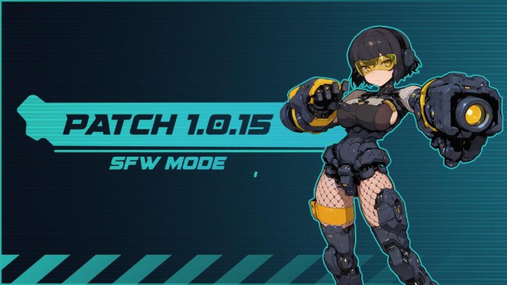 Grafica della patch 1.0.15 di Futa Slug EX con la scritta SFW Mode e un personaggio femminile in armatura robotica nera, con visore giallo e due grandi guanti meccanici.