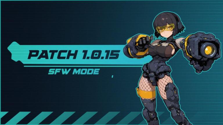 Grafica della patch 1.0.15 di Futa Slug EX con la scritta SFW Mode e un personaggio femminile in armatura robotica nera, con visore giallo e due grandi guanti meccanici.