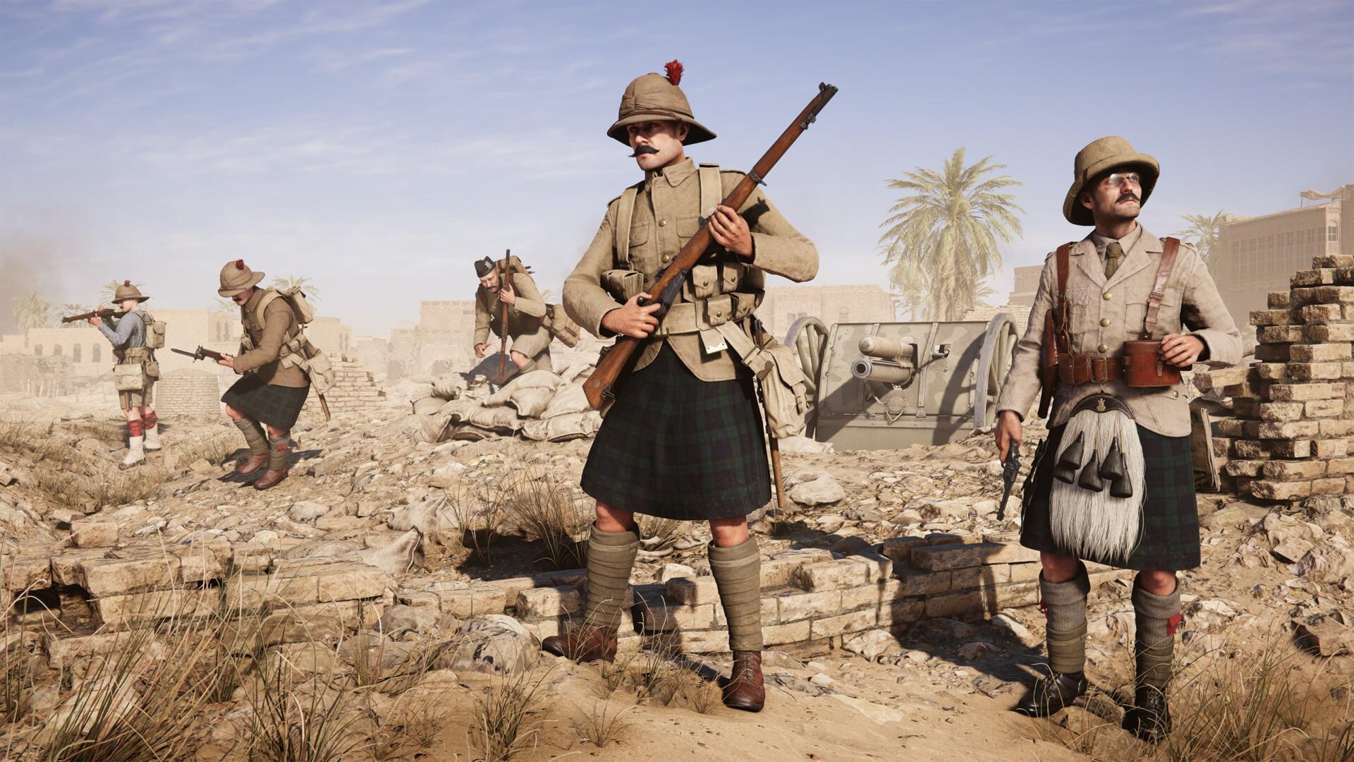 Visual ufficiale del DLC Black Watch Pack per Gallipoli con le uniformi regimentali scozzesi dotate di kilt e mostrine storiche.