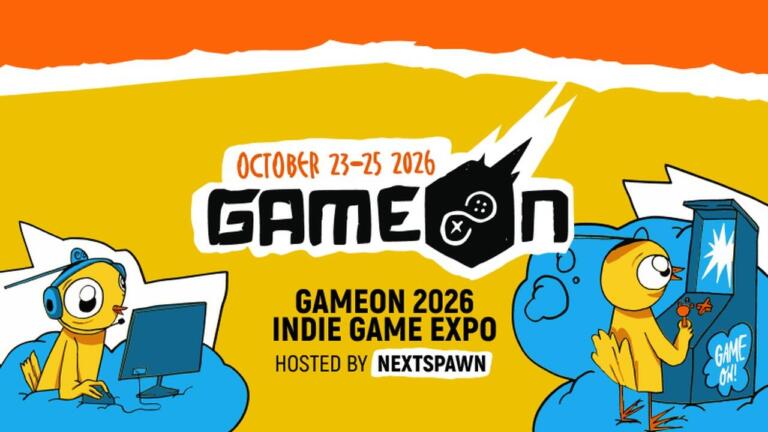 Illustrazione gialla e arancione con il logo GameOn, la scritta GameOn 2026 Indie Game Expo hosted by NextSpawn e due uccellini gialli, uno al computer e uno davanti a un cabinato.