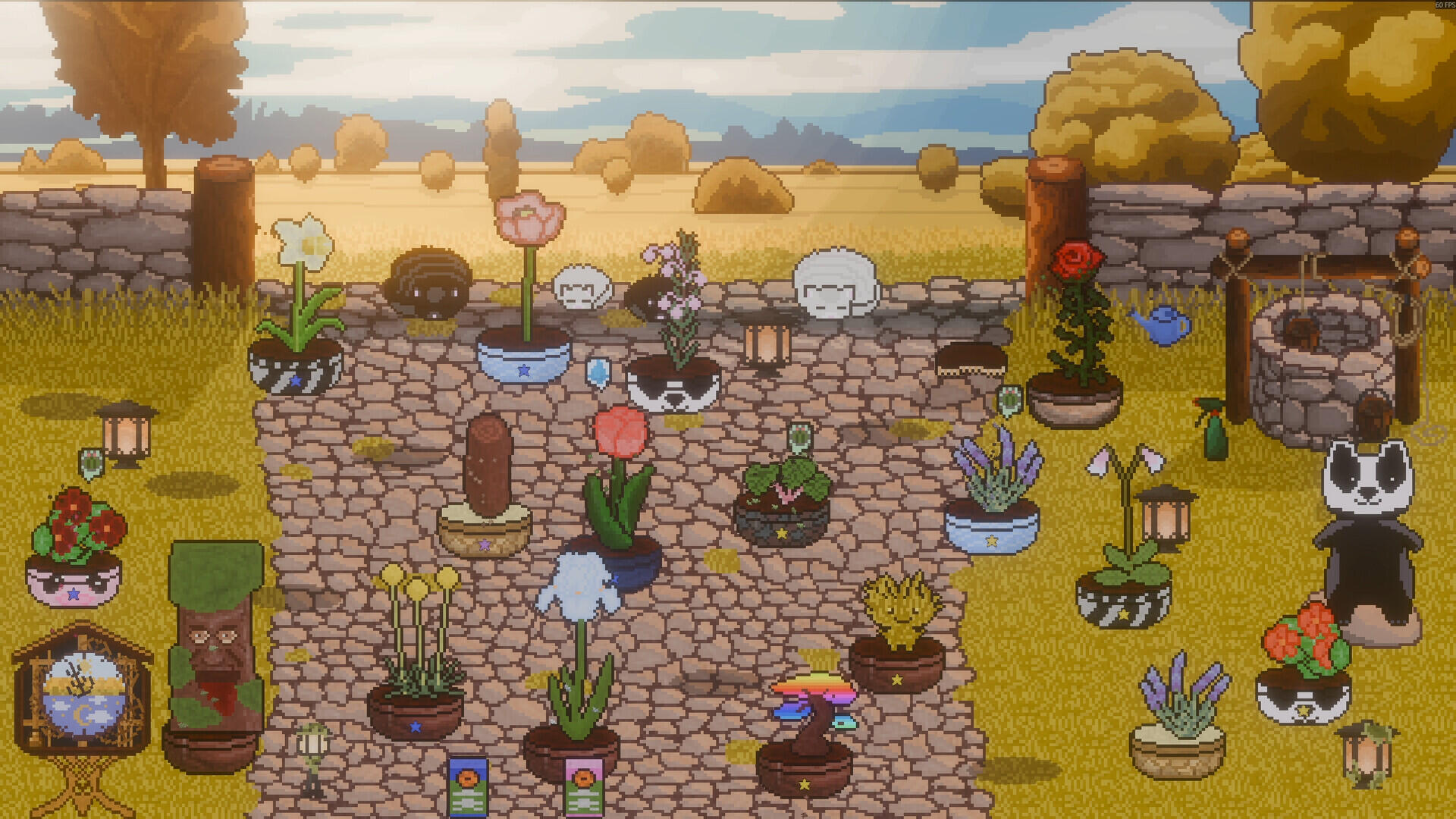 Screenshot in-game di Gargoyle Garden ambientato nel cortile all'aperto con fiori rari e animali da supporto.