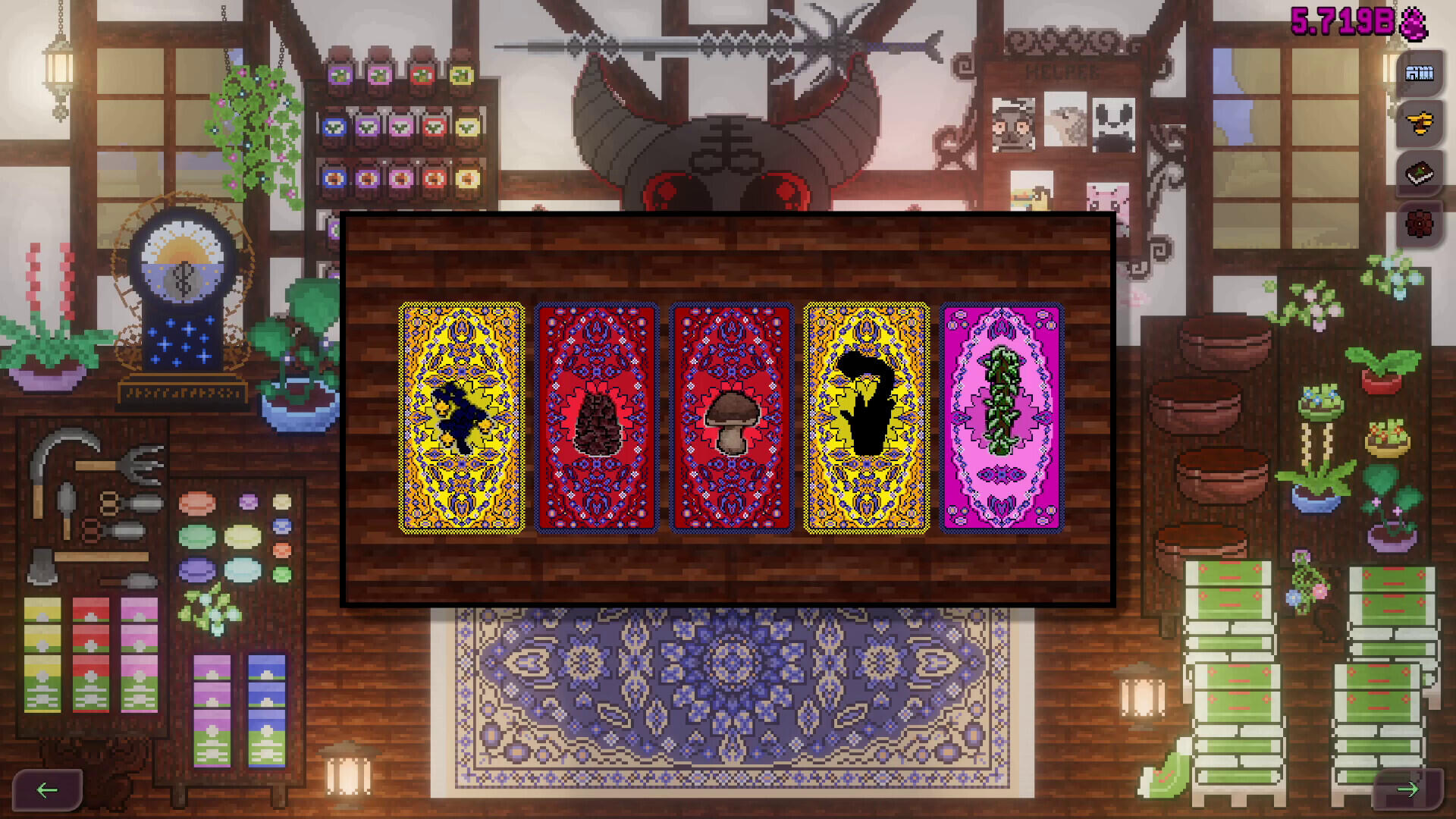 Screenshot di gioco di Gargoyle Garden con il negozio del gargoyle Gidian e la selezione delle carte sementi magiche.