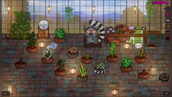 Screenshot di gameplay di Gargoyle Garden che ritrae la coltivazione di piante e vasi all'interno della serra in pixel art con un lemure giardiniere.