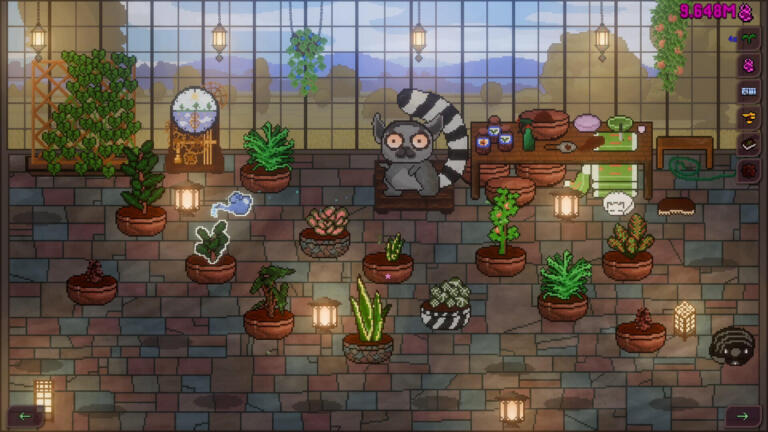 Screenshot di gameplay di Gargoyle Garden che ritrae la coltivazione di piante e vasi all'interno della serra in pixel art con un lemure giardiniere.