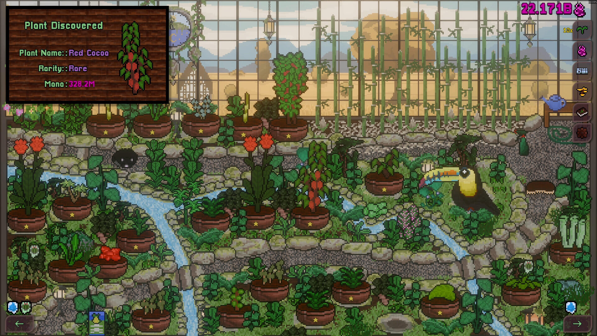 Screenshot di Gargoyle Garden che mostra una serra tropicale con canali d'acqua, bambù, un tucano e la schermata di scoperta di una pianta rara.
