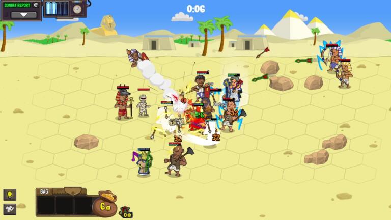 Una squadra di personaggi storici combatte in un deserto con piramidi, in pixel art, in una scena di Gear Up Einstein!