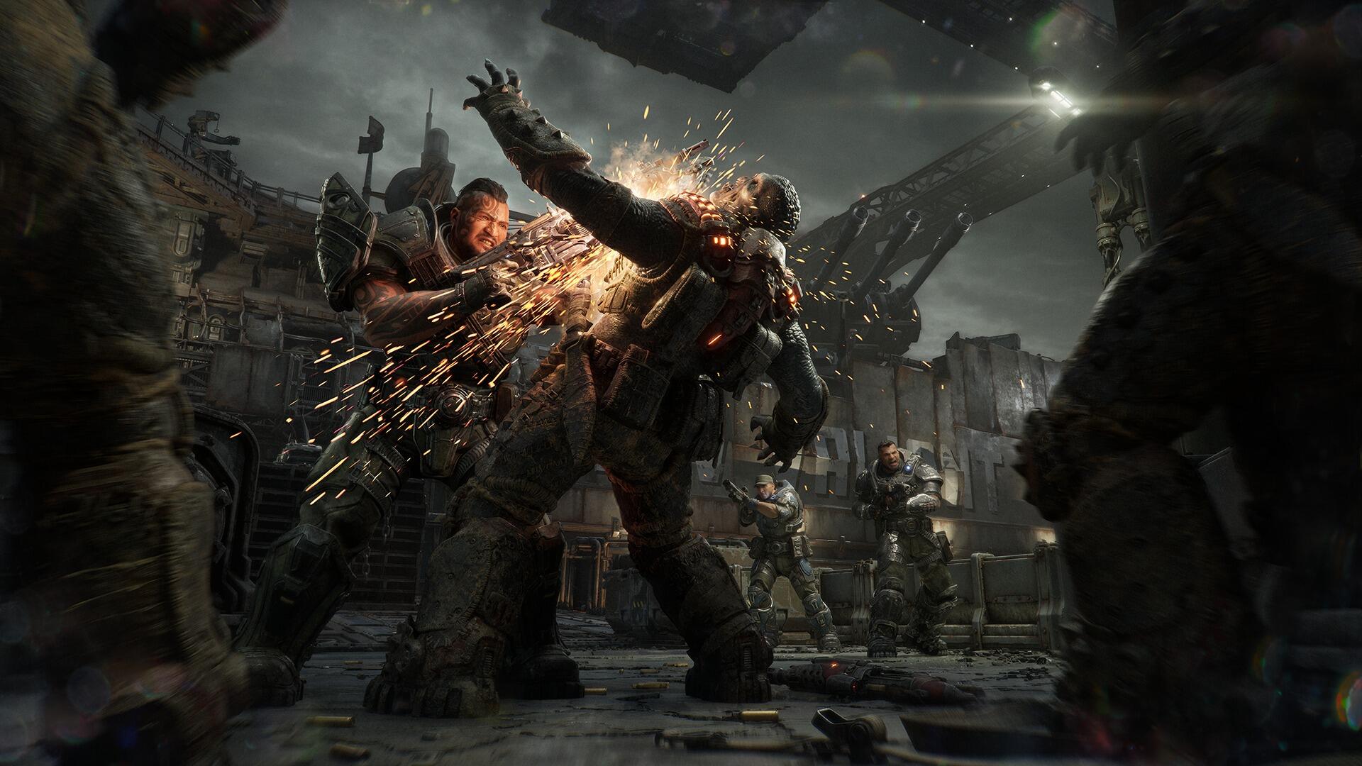 Artwork ufficiale di Gears of War: E-Day con un brutale scontro corpo a corpo ravvicinato tramite la motosega del Lancer contro un Drone Locust.