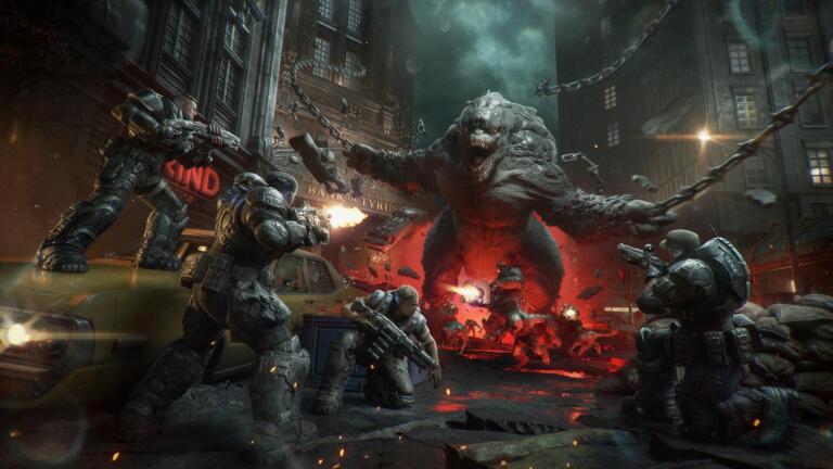 Artwork ufficiale di Gears of War: E-Day con la squadra in copertura di fronte a un Boomer in una strada cittadina.