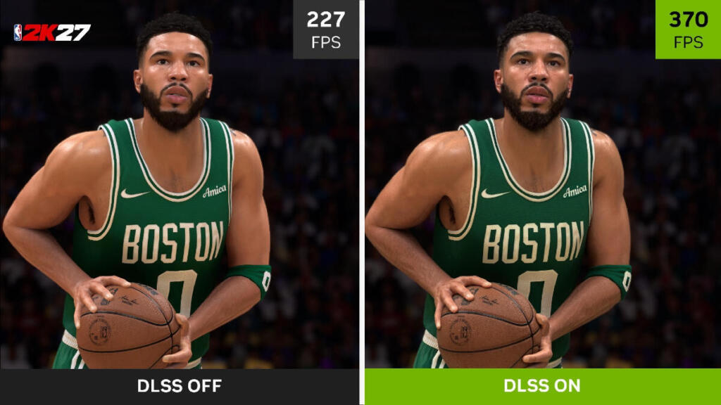 Screenshot comparativo ufficiale di NBA 2K27 con tecnologia NVIDIA DLSS a confronto tra DLSS disattivato e attivo.