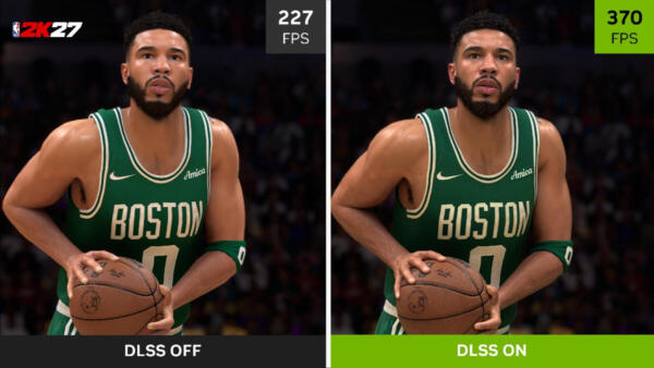 Screenshot comparativo ufficiale di NBA 2K27 con tecnologia NVIDIA DLSS a confronto tra DLSS disattivato e attivo.
