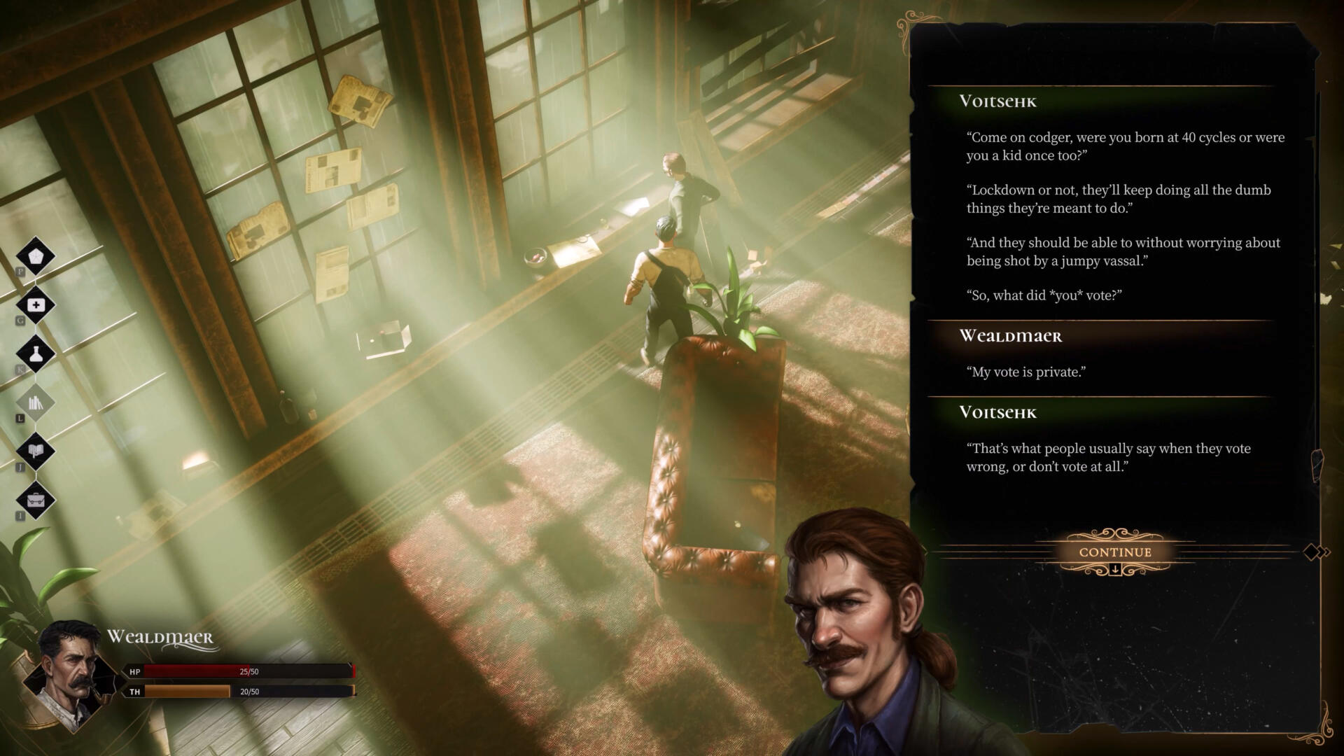 Screenshot di Glasshouse che mostra la nuova scheda di interazione e i ritratti dei personaggi.
